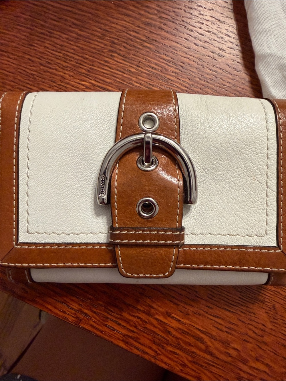 Coach White and Brown Leather Buckle Wallet - Vintage